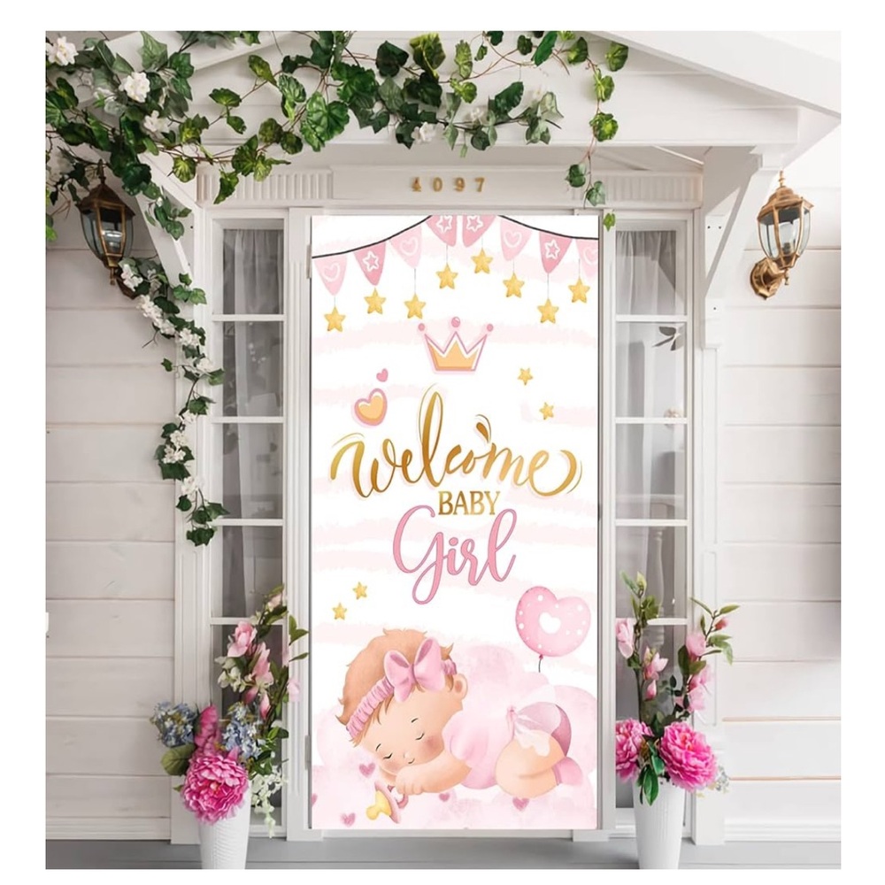 Baby shower backdrop “Welcome Baby Girl” Door cover 38”x74” Decor Gender Reveal
